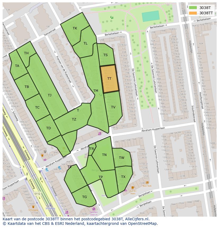 Afbeelding van het postcodegebied 3038 TT op de kaart.