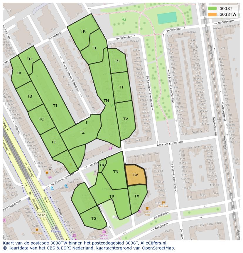 Afbeelding van het postcodegebied 3038 TW op de kaart.