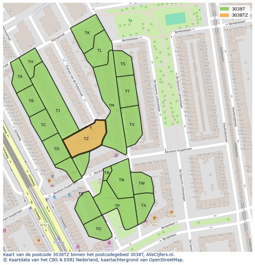 Afbeelding van het postcodegebied 3038 TZ op de kaart.