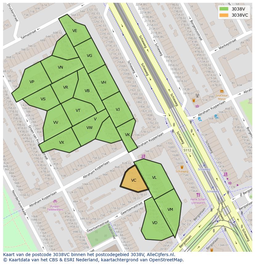 Afbeelding van het postcodegebied 3038 VC op de kaart.
