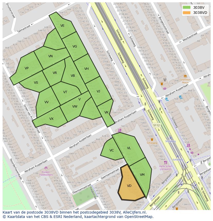 Afbeelding van het postcodegebied 3038 VD op de kaart.