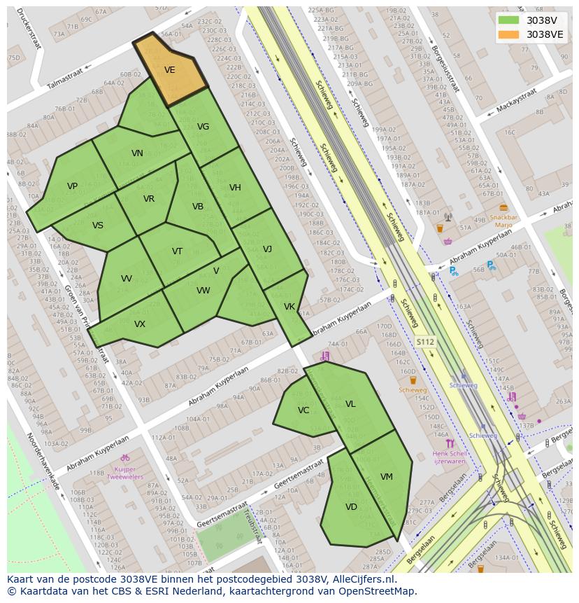 Afbeelding van het postcodegebied 3038 VE op de kaart.