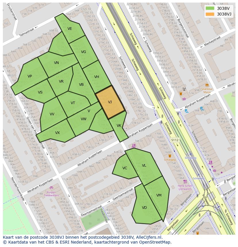 Afbeelding van het postcodegebied 3038 VJ op de kaart.