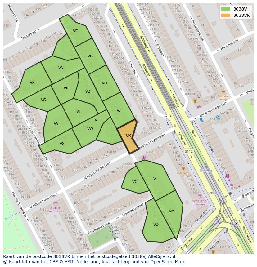 Afbeelding van het postcodegebied 3038 VK op de kaart.