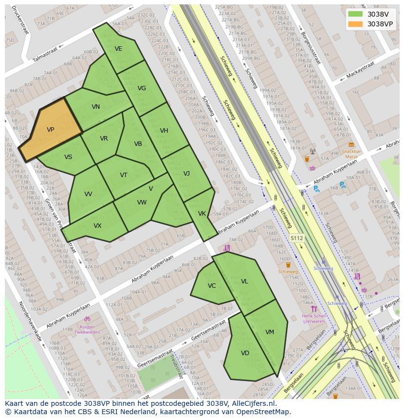 Afbeelding van het postcodegebied 3038 VP op de kaart.