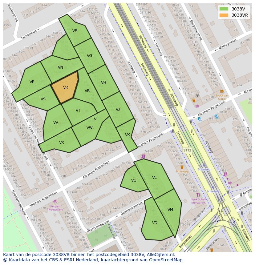 Afbeelding van het postcodegebied 3038 VR op de kaart.