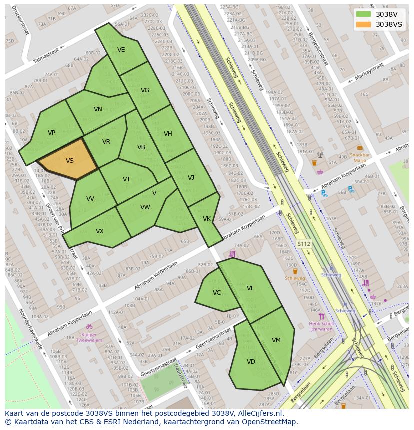 Afbeelding van het postcodegebied 3038 VS op de kaart.