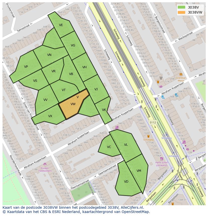 Afbeelding van het postcodegebied 3038 VW op de kaart.