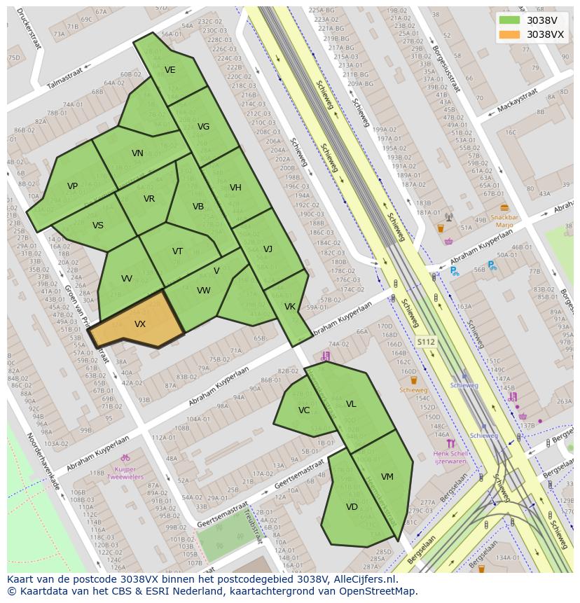 Afbeelding van het postcodegebied 3038 VX op de kaart.
