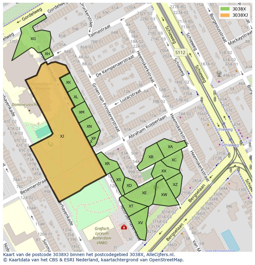 Afbeelding van het postcodegebied 3038 XJ op de kaart.