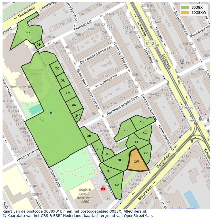 Afbeelding van het postcodegebied 3038 XW op de kaart.