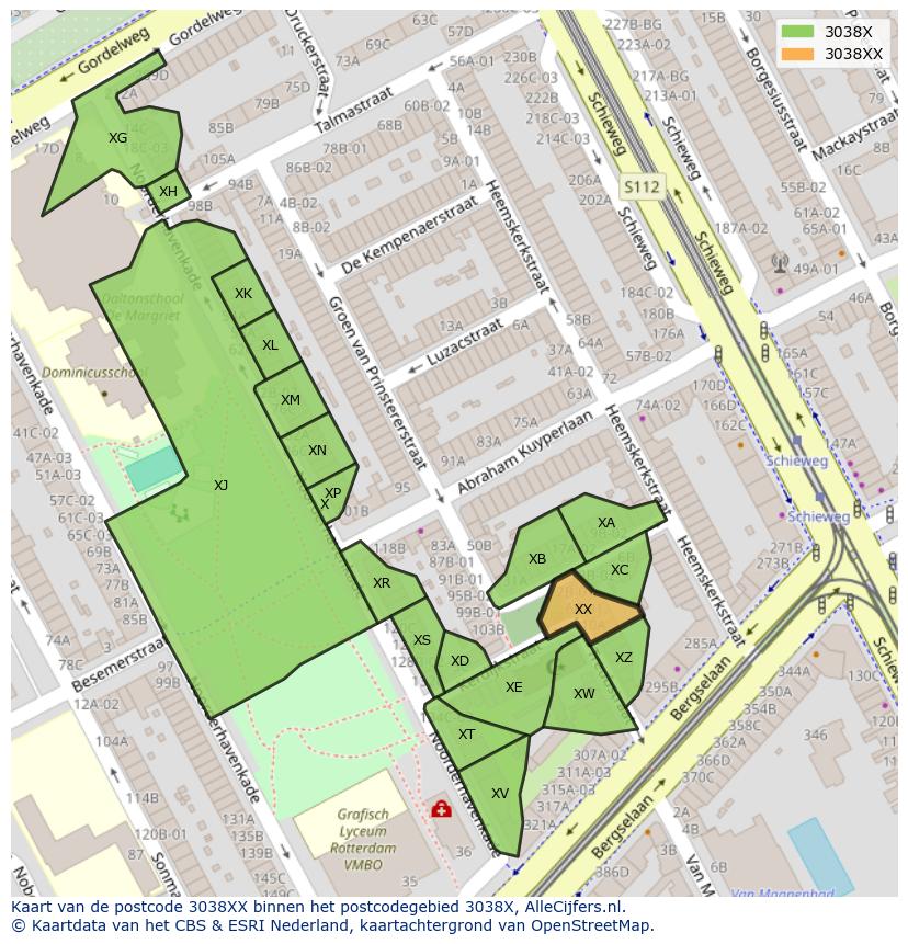 Afbeelding van het postcodegebied 3038 XX op de kaart.