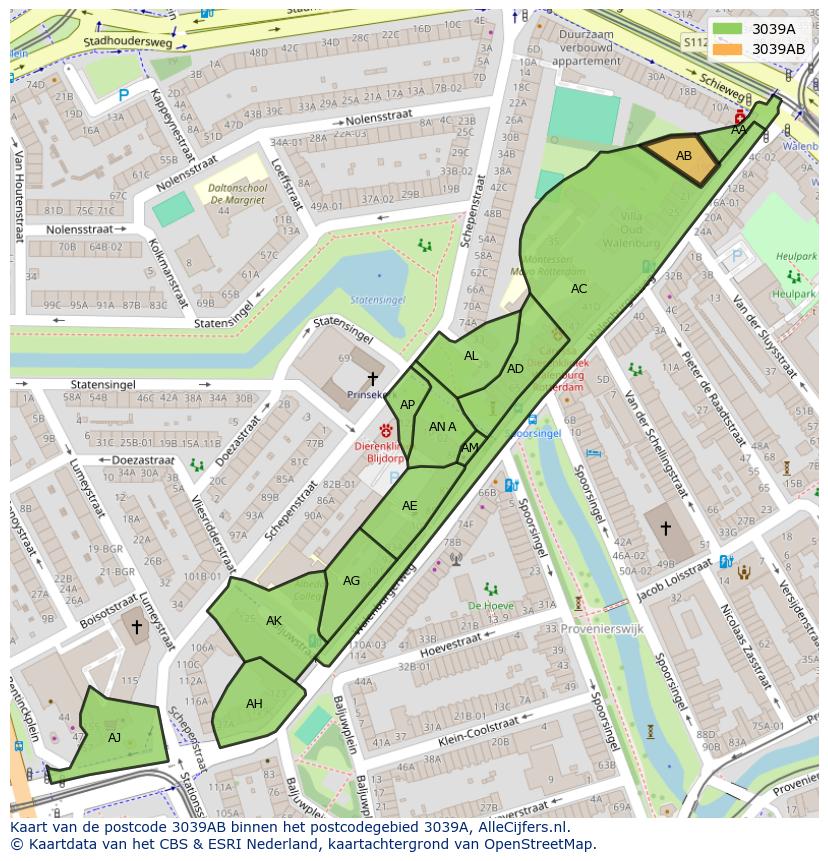 Afbeelding van het postcodegebied 3039 AB op de kaart.