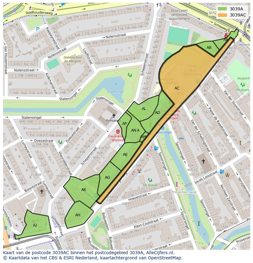 Afbeelding van het postcodegebied 3039 AC op de kaart.