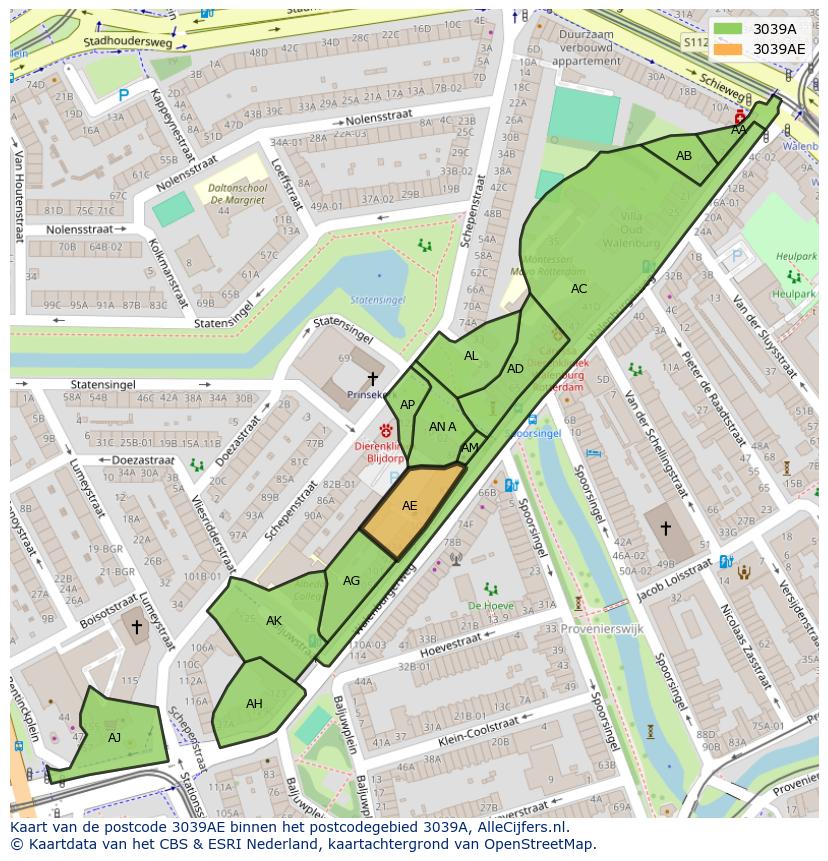 Afbeelding van het postcodegebied 3039 AE op de kaart.