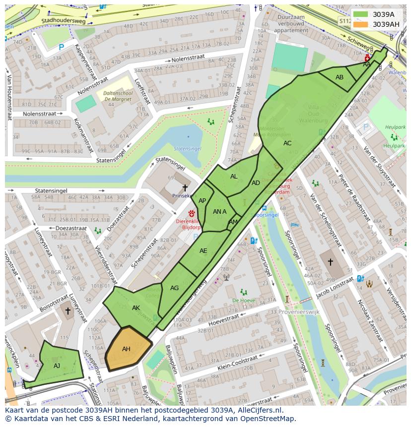 Afbeelding van het postcodegebied 3039 AH op de kaart.