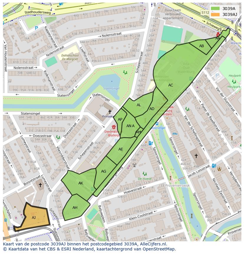 Afbeelding van het postcodegebied 3039 AJ op de kaart.
