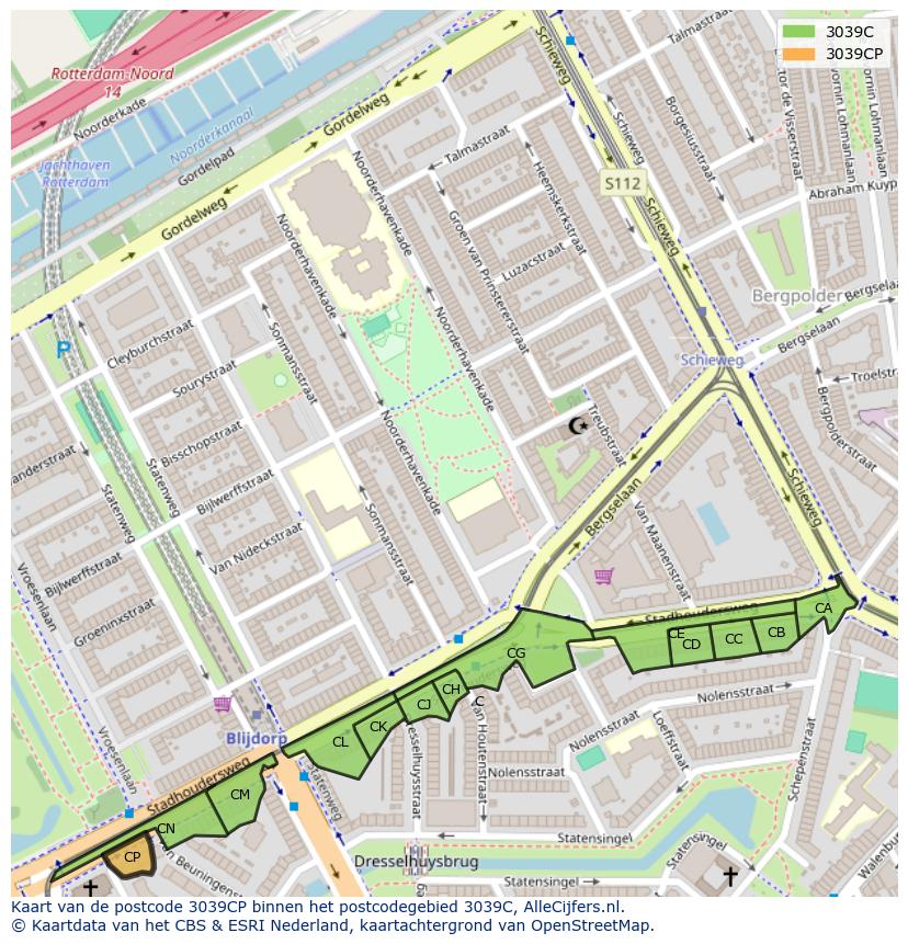 Afbeelding van het postcodegebied 3039 CP op de kaart.
