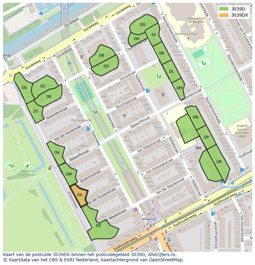 Afbeelding van het postcodegebied 3039 DX op de kaart.
