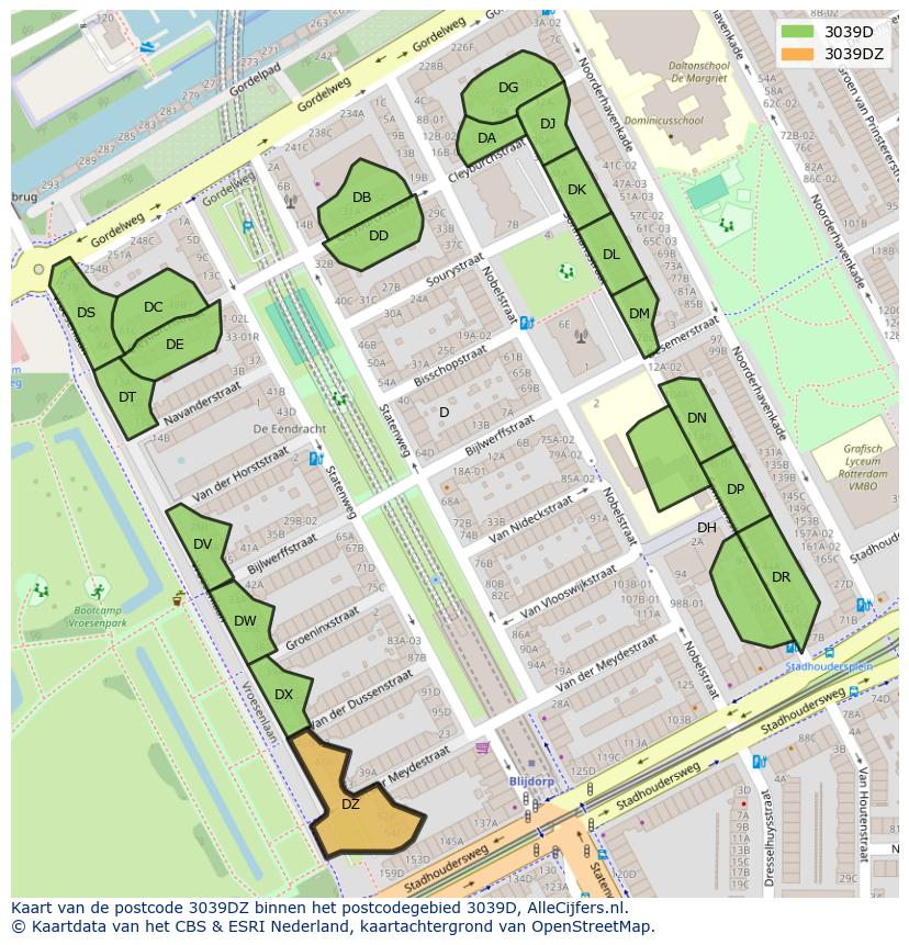 Afbeelding van het postcodegebied 3039 DZ op de kaart.