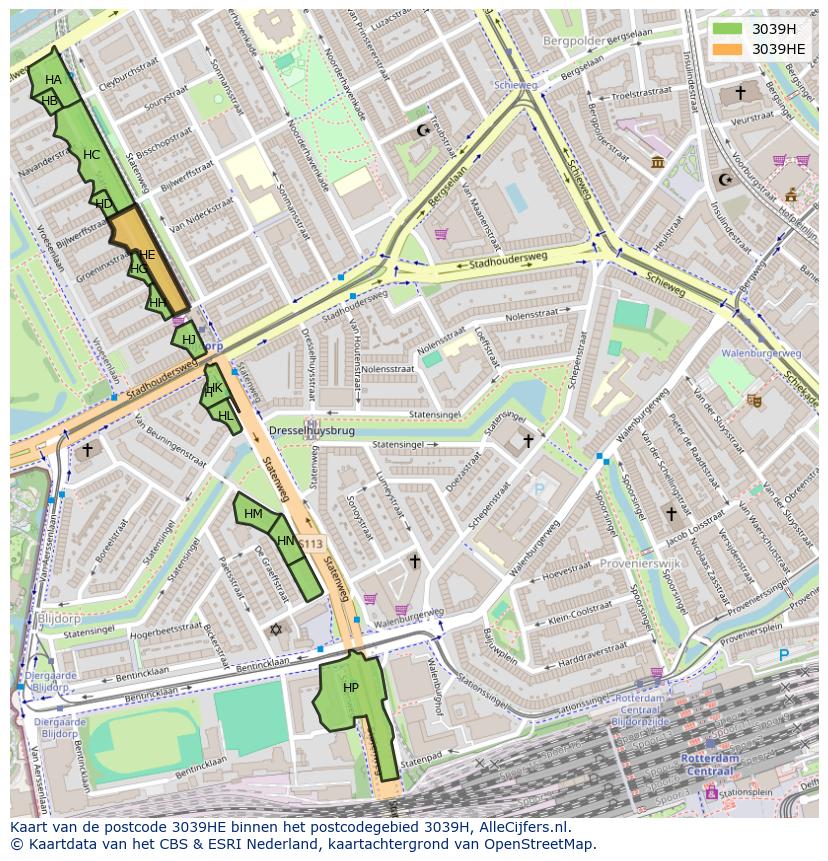 Afbeelding van het postcodegebied 3039 HE op de kaart.