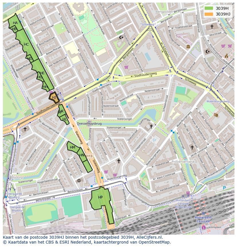 Afbeelding van het postcodegebied 3039 HJ op de kaart.