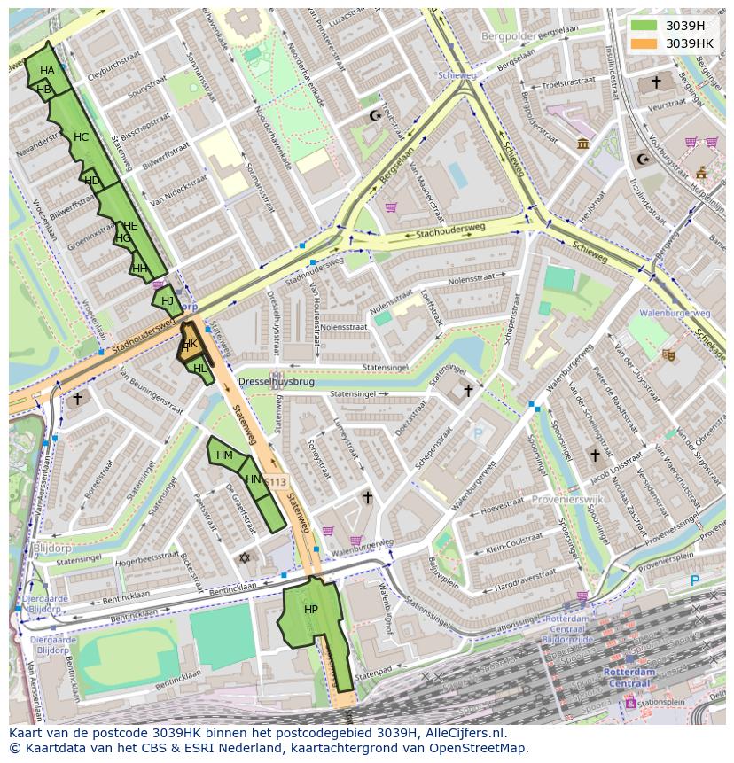Afbeelding van het postcodegebied 3039 HK op de kaart.