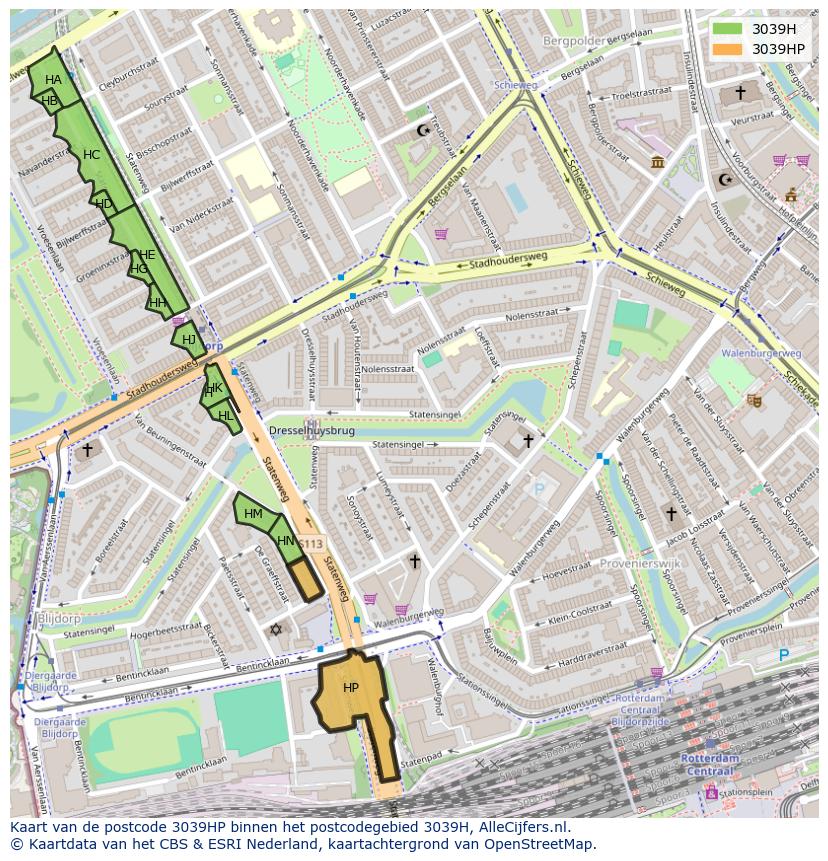 Afbeelding van het postcodegebied 3039 HP op de kaart.