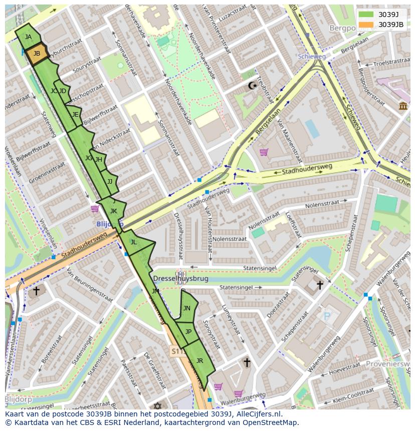 Afbeelding van het postcodegebied 3039 JB op de kaart.
