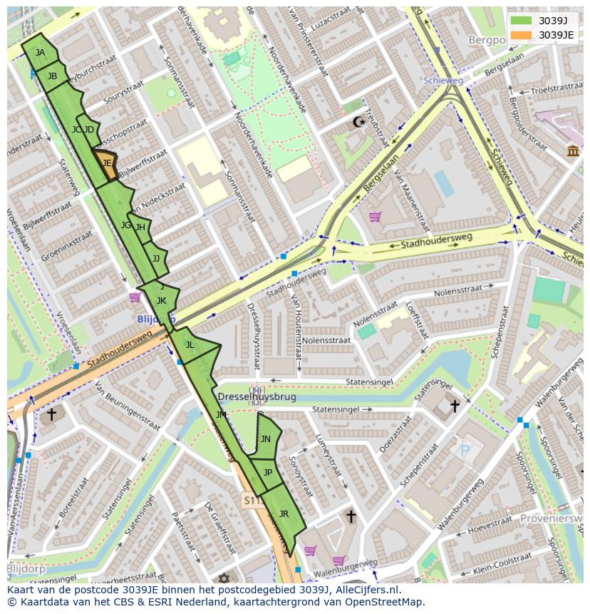 Afbeelding van het postcodegebied 3039 JE op de kaart.