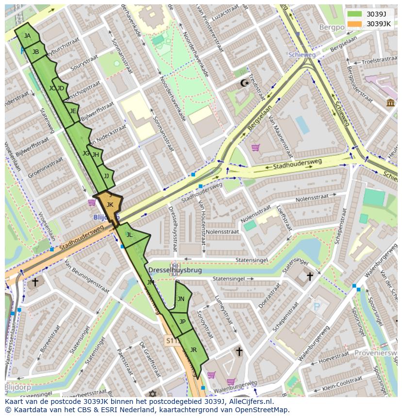 Afbeelding van het postcodegebied 3039 JK op de kaart.