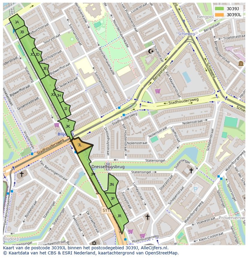 Afbeelding van het postcodegebied 3039 JL op de kaart.