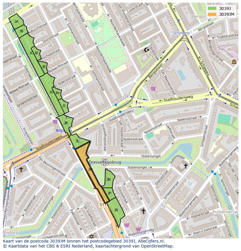 Afbeelding van het postcodegebied 3039 JM op de kaart.
