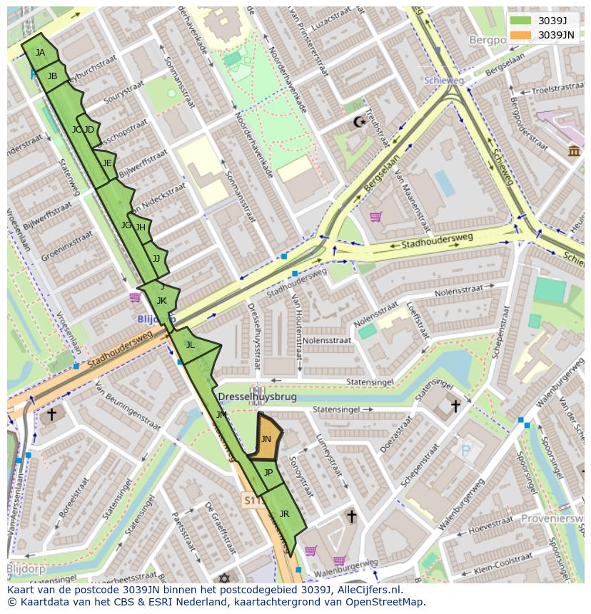 Afbeelding van het postcodegebied 3039 JN op de kaart.