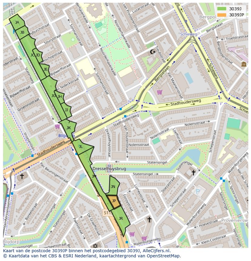 Afbeelding van het postcodegebied 3039 JP op de kaart.