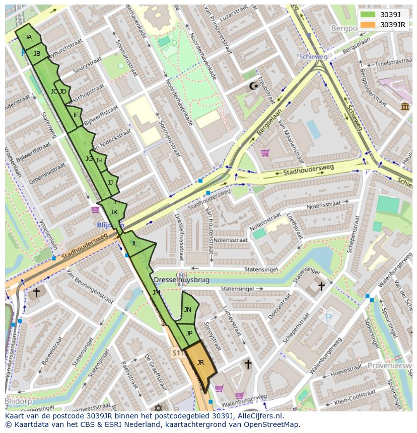 Afbeelding van het postcodegebied 3039 JR op de kaart.