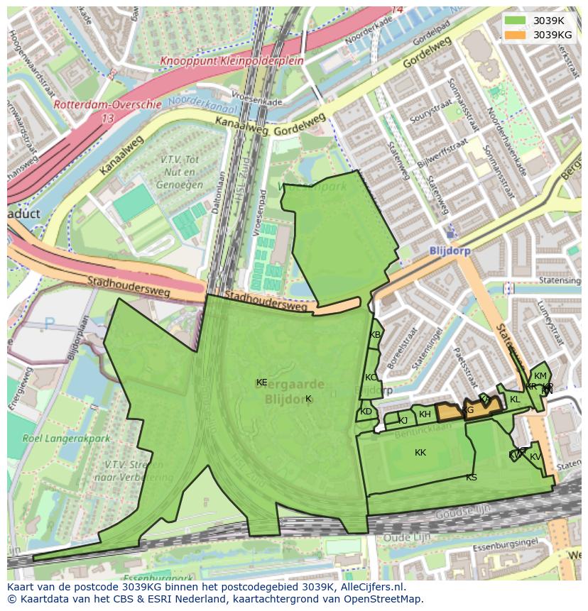 Afbeelding van het postcodegebied 3039 KG op de kaart.
