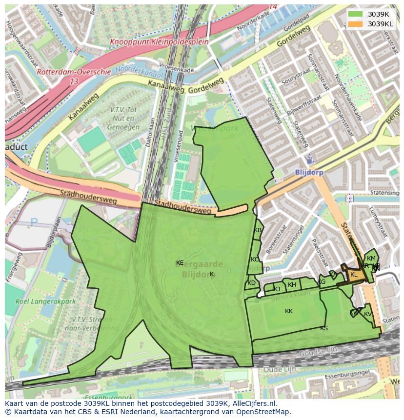 Afbeelding van het postcodegebied 3039 KL op de kaart.