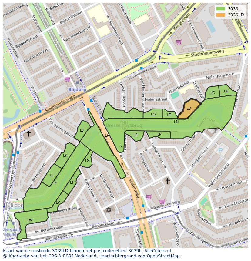 Afbeelding van het postcodegebied 3039 LD op de kaart.