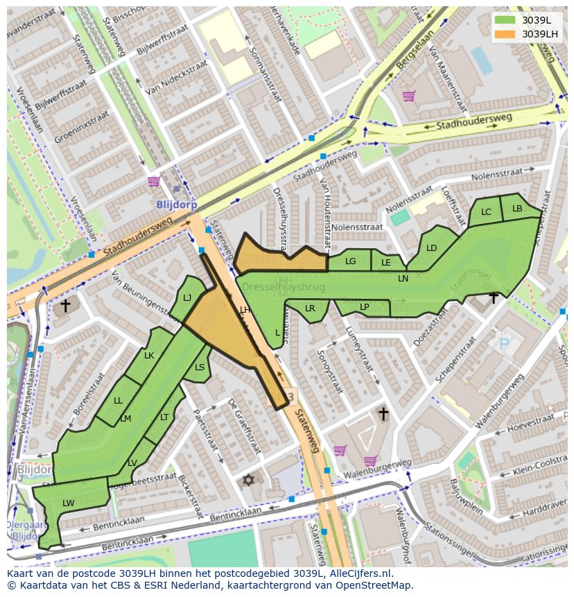 Afbeelding van het postcodegebied 3039 LH op de kaart.