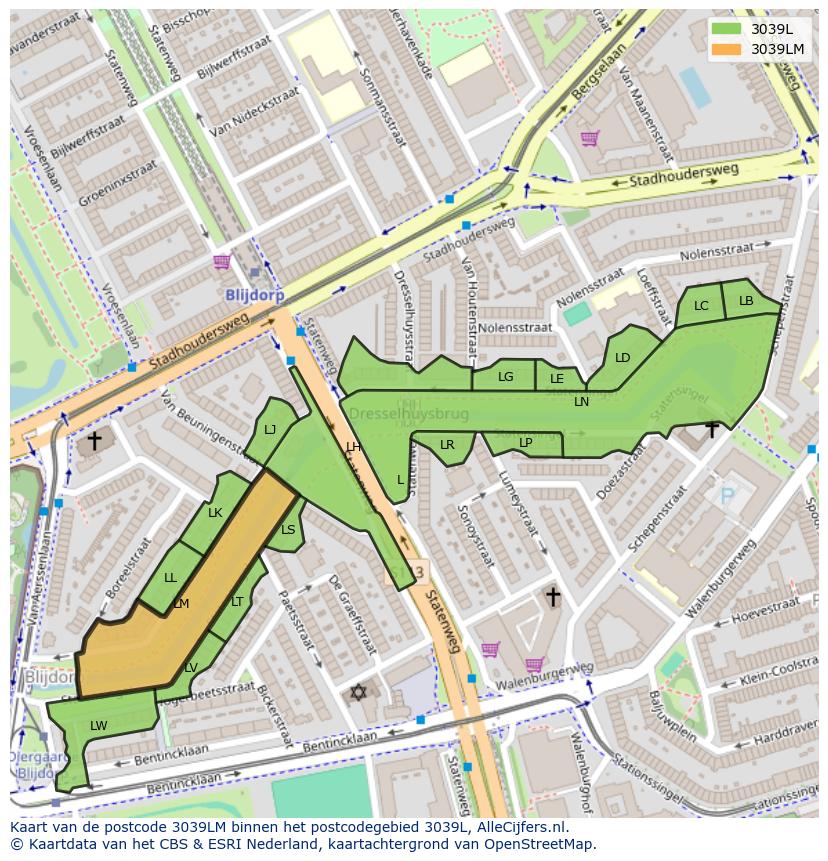 Afbeelding van het postcodegebied 3039 LM op de kaart.
