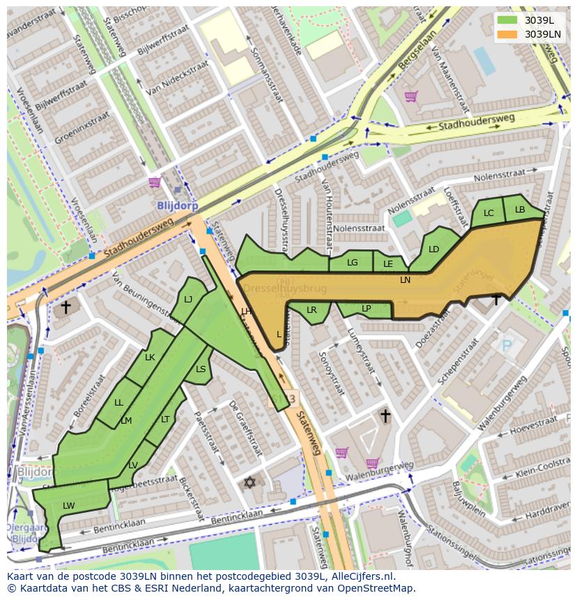 Afbeelding van het postcodegebied 3039 LN op de kaart.