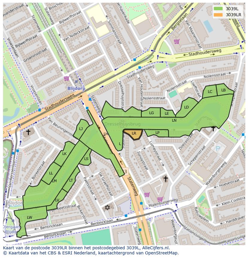 Afbeelding van het postcodegebied 3039 LR op de kaart.