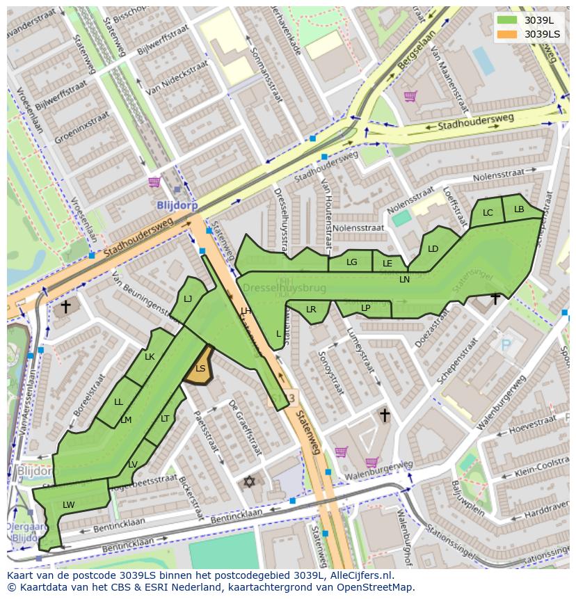 Afbeelding van het postcodegebied 3039 LS op de kaart.