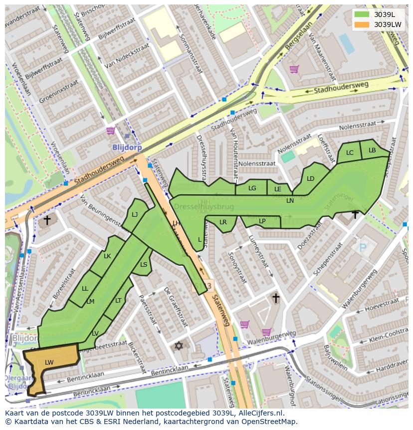 Afbeelding van het postcodegebied 3039 LW op de kaart.