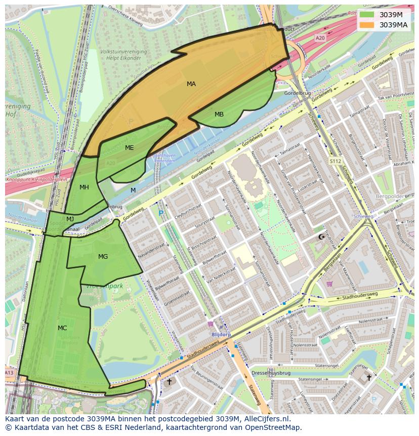 Afbeelding van het postcodegebied 3039 MA op de kaart.