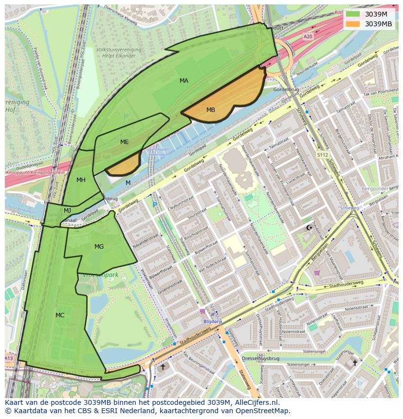 Afbeelding van het postcodegebied 3039 MB op de kaart.