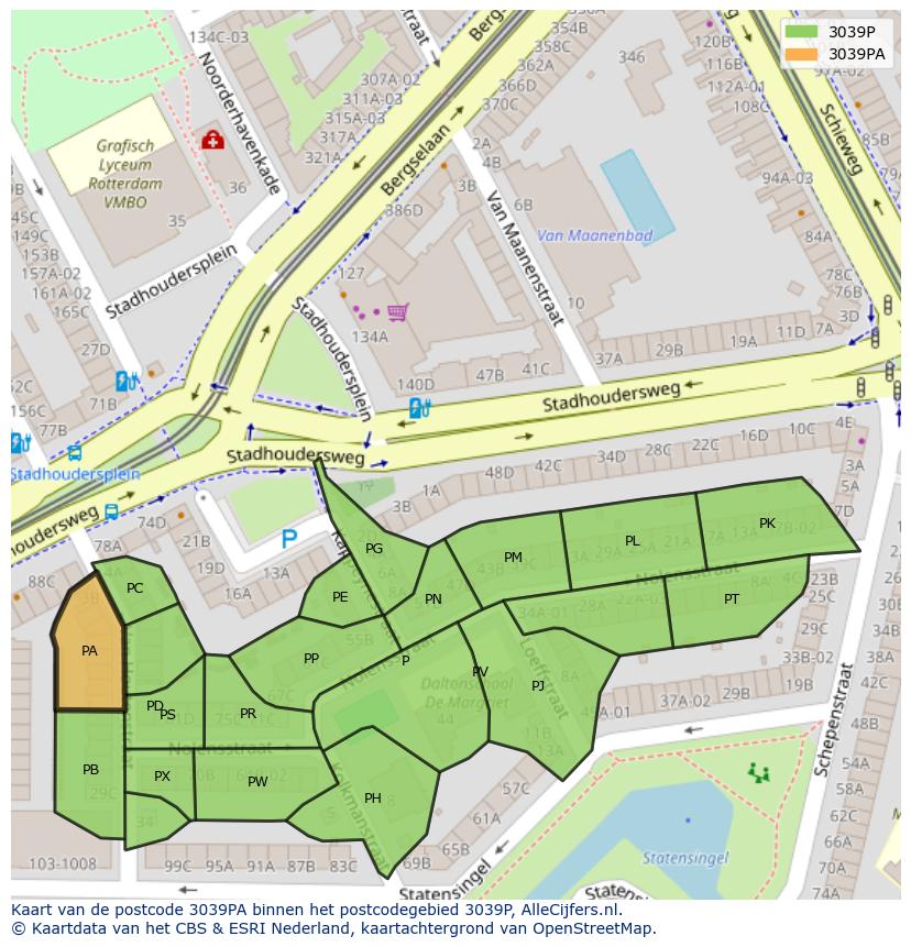 Afbeelding van het postcodegebied 3039 PA op de kaart.