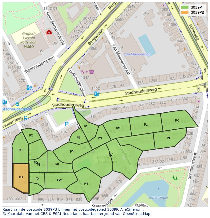 Afbeelding van het postcodegebied 3039 PB op de kaart.