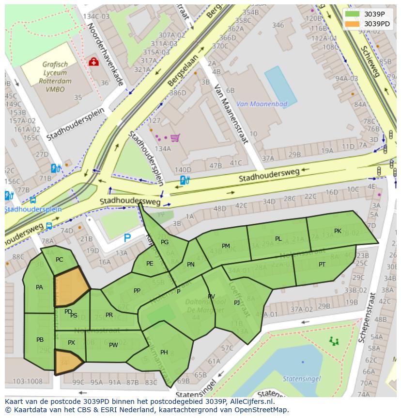 Afbeelding van het postcodegebied 3039 PD op de kaart.